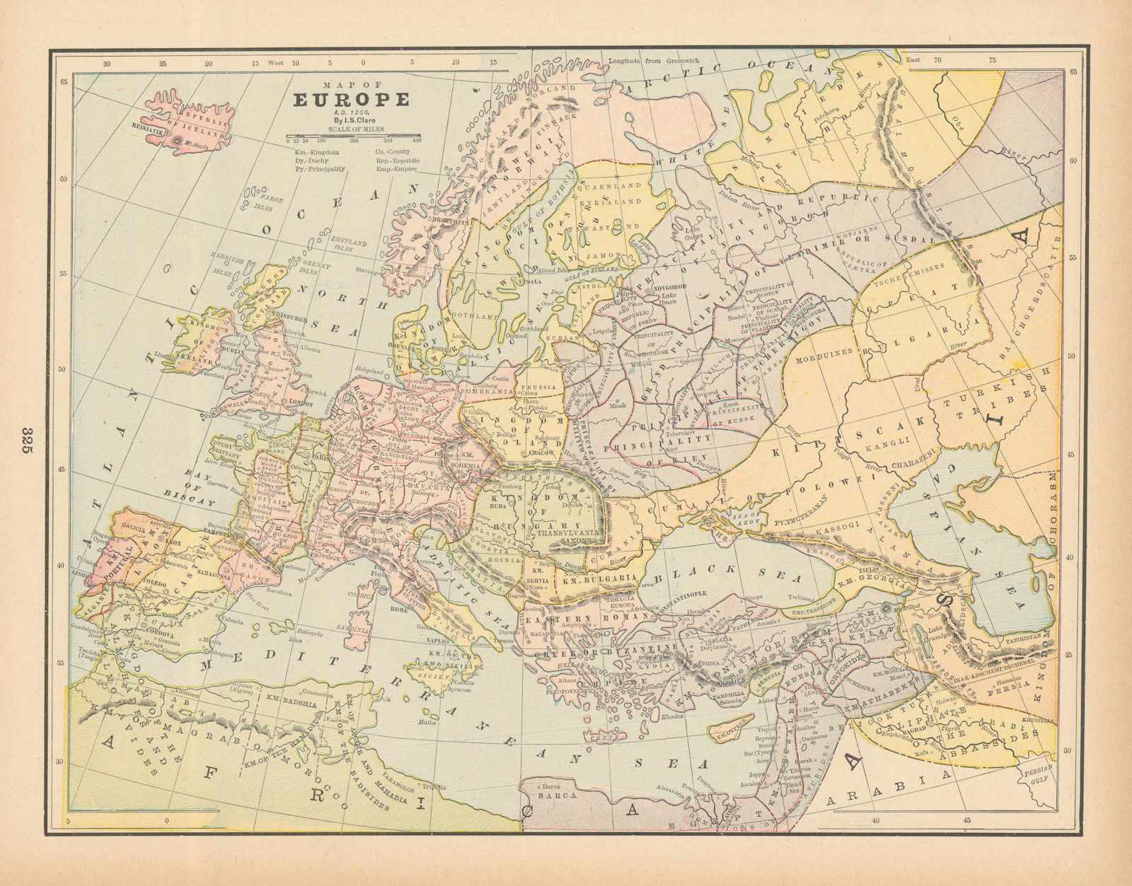 Map of Europe, AD 1200 by I.S. CLARE 1894 old antique vintage plan chart